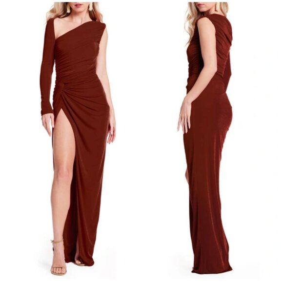 Katie May Dresses & Skirts - KATIE MAY Arya Twist Waist Asymmetric Neck Gown in Auburn Size Medium